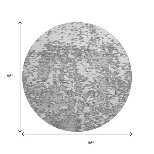 8' Gray And Silver Abstract Washable Round Rug With UV Protection