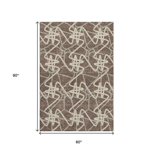 5' X 8' Brown And Ivory Geometric Washable Area Rug With UV Protection