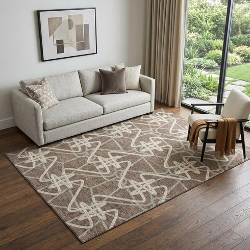 5' X 8' Brown And Ivory Geometric Washable Area Rug With UV Protection