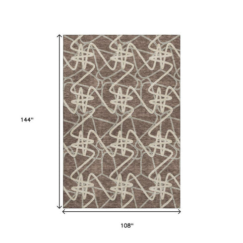9' X 12' Brown And Ivory Geometric Washable Area Rug With UV Protection