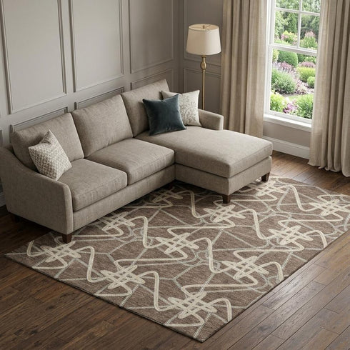 9' X 12' Brown And Ivory Geometric Washable Area Rug With UV Protection
