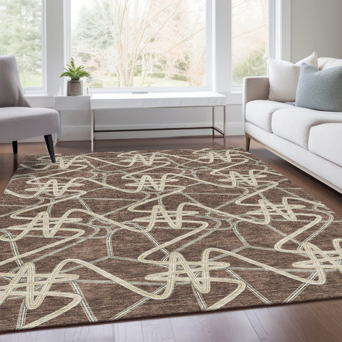 9' X 12' Brown And Ivory Geometric Washable Area Rug With UV Protection