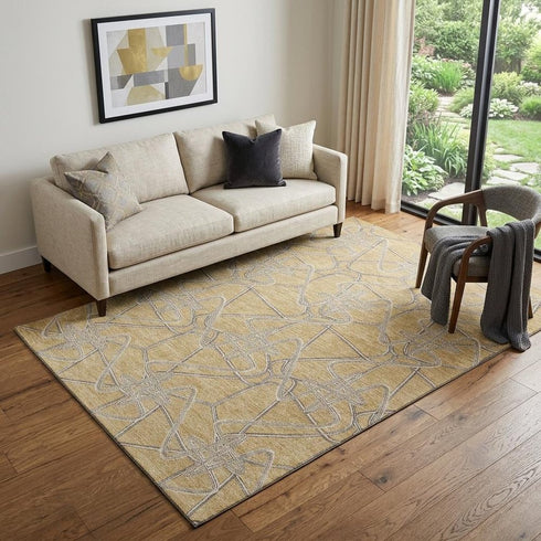 5' X 8' Gold And Ivory Geometric Washable Area Rug With UV Protection