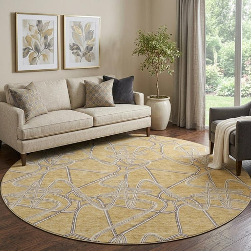 8' Gold And Ivory Geometric Washable Round Rug With UV Protection