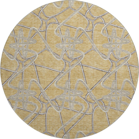 8' Gold And Ivory Geometric Washable Round Rug With UV Protection