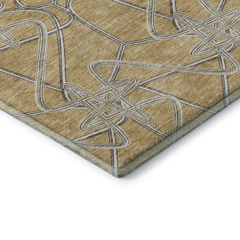 8' Gold And Ivory Geometric Washable Round Rug With UV Protection