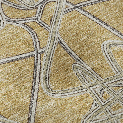 8' Gold And Ivory Geometric Washable Round Rug With UV Protection