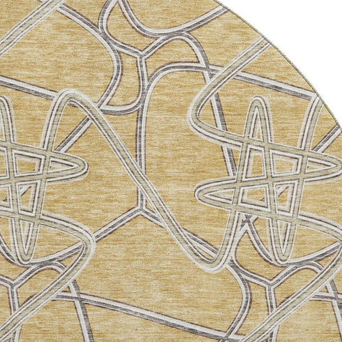 8' Gold And Ivory Geometric Washable Round Rug With UV Protection