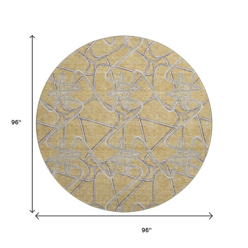 8' Gold And Ivory Geometric Washable Round Rug With UV Protection