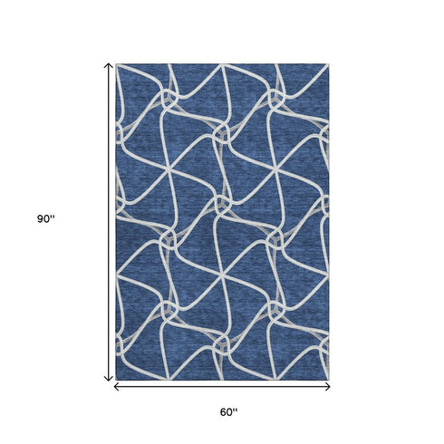 5' X 8' Blue And Ivory Geometric Washable Area Rug With UV Protection