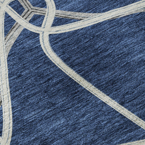 5' X 8' Blue And Ivory Geometric Washable Area Rug With UV Protection
