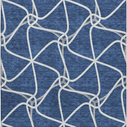 5' X 8' Blue And Ivory Geometric Washable Area Rug With UV Protection