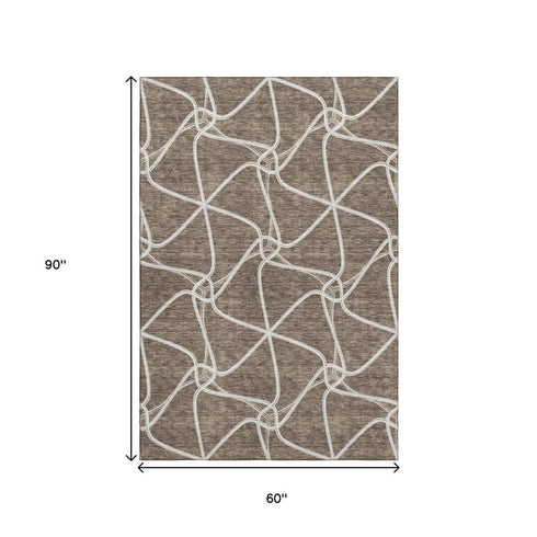 5' X 8' Brown And Ivory Geometric Washable Area Rug With UV Protection
