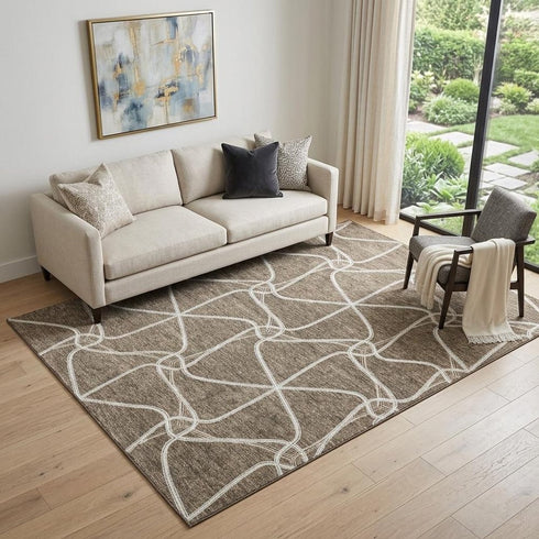 5' X 8' Brown And Ivory Geometric Washable Area Rug With UV Protection