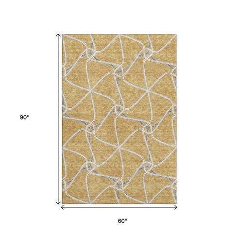 5' X 8' Gold Ivory And Gray Geometric Washable Area Rug With UV Protection