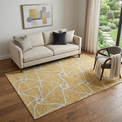 5' X 8' Gold Ivory And Gray Geometric Washable Area Rug With UV Protection