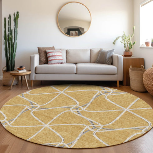 8' Gold Ivory And Gray Geometric Washable Round Rug With UV Protection