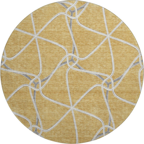 8' Gold Ivory And Gray Geometric Washable Round Rug With UV Protection