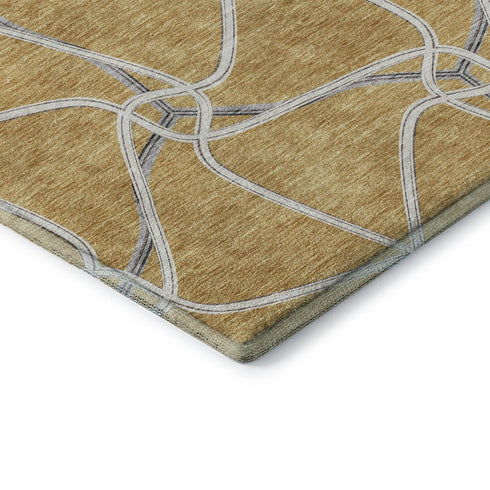 8' Gold Ivory And Gray Geometric Washable Round Rug With UV Protection