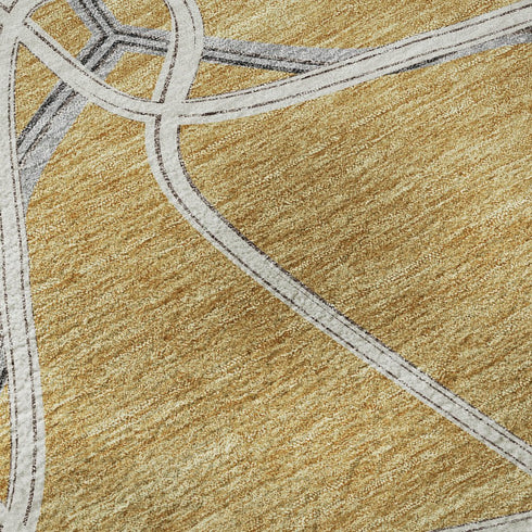 8' Gold Ivory And Gray Geometric Washable Round Rug With UV Protection