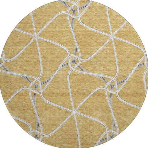 8' Gold Ivory And Gray Geometric Washable Round Rug With UV Protection