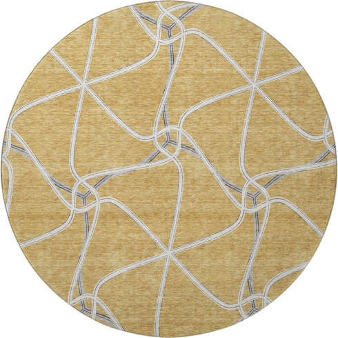 8' Gold Ivory And Gray Geometric Washable Round Rug With UV Protection