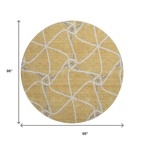 8' Gold Ivory And Gray Geometric Washable Round Rug With UV Protection