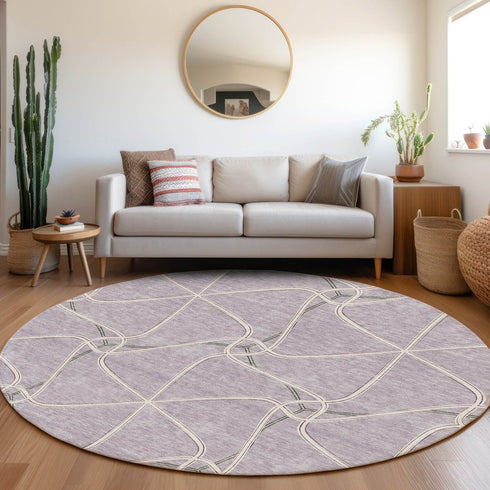 8' Lavender And Ivory Geometric Washable Round Rug With UV Protection