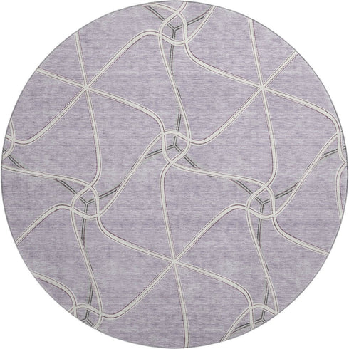 8' Lavender And Ivory Geometric Washable Round Rug With UV Protection
