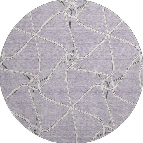 8' Lavender And Ivory Geometric Washable Round Rug With UV Protection