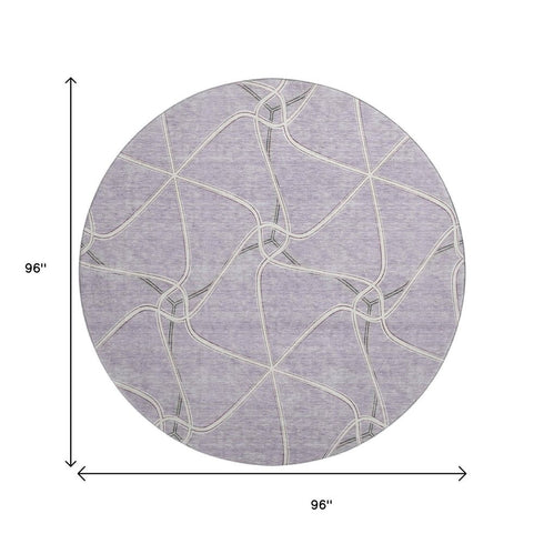 8' Lavender And Ivory Geometric Washable Round Rug With UV Protection