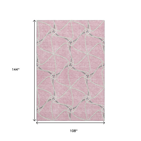 9' X 12' Pink Ivory And Gray Geometric Washable Area Rug With UV Protection