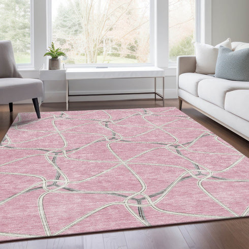 9' X 12' Pink Ivory And Gray Geometric Washable Area Rug With UV Protection