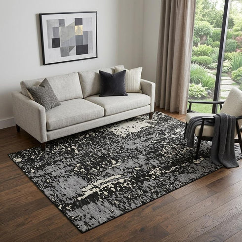 5' X 8' Black Gray And Ivory Abstract Washable Area Rug With UV Protection