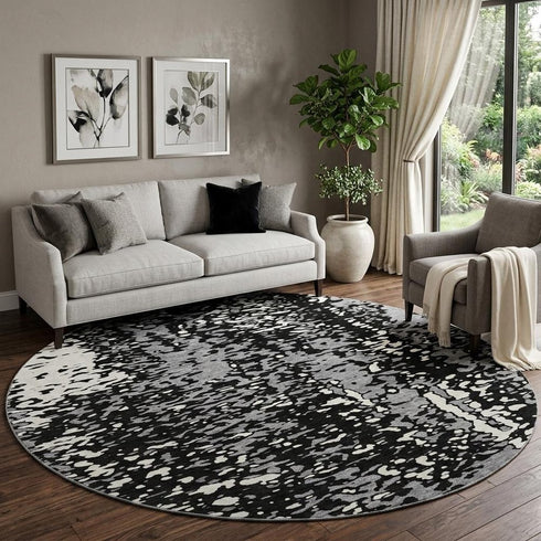8' Black Gray And Ivory Abstract Washable Round Rug With UV Protection