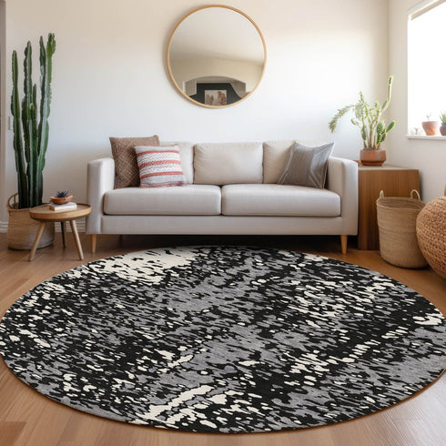 8' Black Gray And Ivory Abstract Washable Round Rug With UV Protection