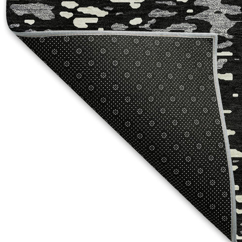 8' Black Gray And Ivory Abstract Washable Round Rug With UV Protection