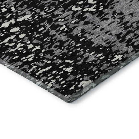 8' Black Gray And Ivory Abstract Washable Round Rug With UV Protection