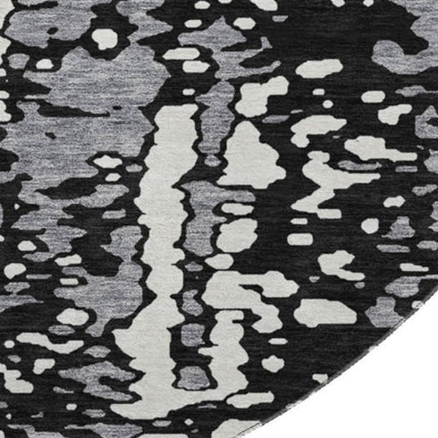 8' Black Gray And Ivory Abstract Washable Round Rug With UV Protection