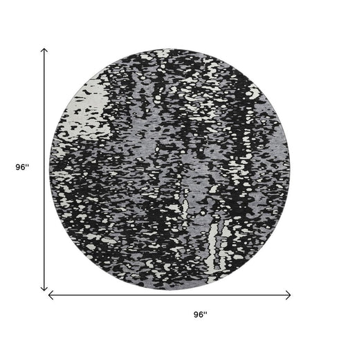 8' Black Gray And Ivory Abstract Washable Round Rug With UV Protection
