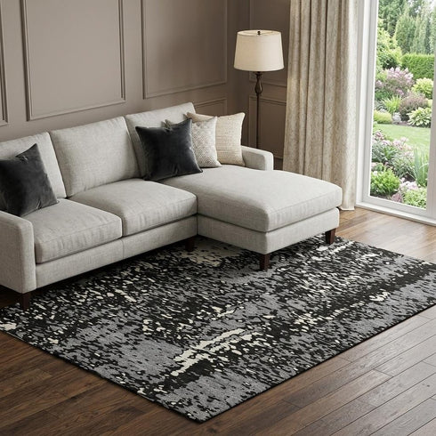 8' X 10' Black Gray And Ivory Abstract Washable Area Rug With UV Protection