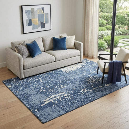 5' X 8' Denim Blue And Ivory Abstract Washable Area Rug With UV Protection