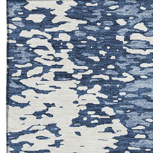 5' X 8' Denim Blue And Ivory Abstract Washable Area Rug With UV Protection