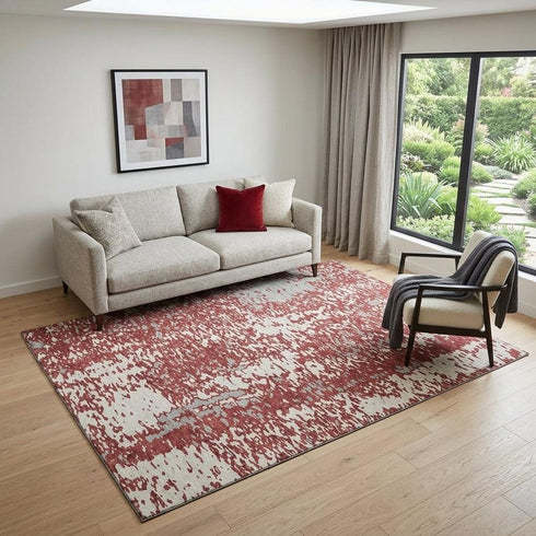 5' X 8' Burgundy Ivory And Gray Abstract Washable Area Rug With UV Protection
