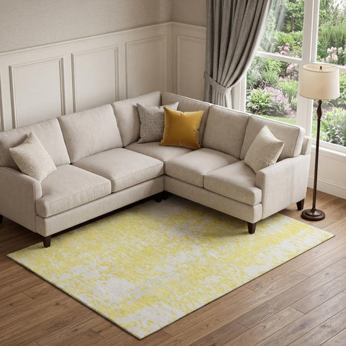 8' X 10' Yellow And Ivory Abstract Washable Area Rug With UV Protection