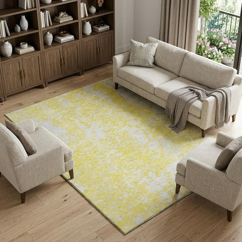 9' X 12' Yellow And Ivory Abstract Washable Area Rug With UV Protection