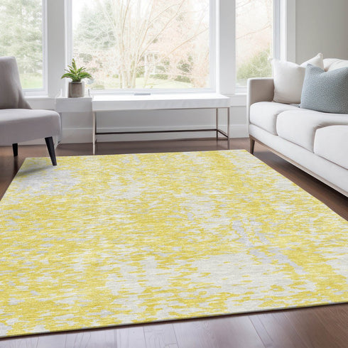9' X 12' Yellow And Ivory Abstract Washable Area Rug With UV Protection