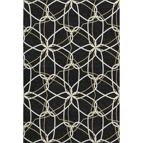 8' X 10' Black Ivory And Gold Geometric Washable Area Rug With UV Protection