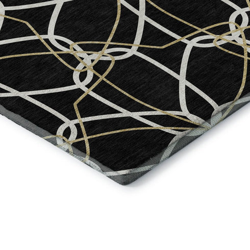 8' X 10' Black Ivory And Gold Geometric Washable Area Rug With UV Protection