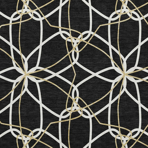 8' X 10' Black Ivory And Gold Geometric Washable Area Rug With UV Protection